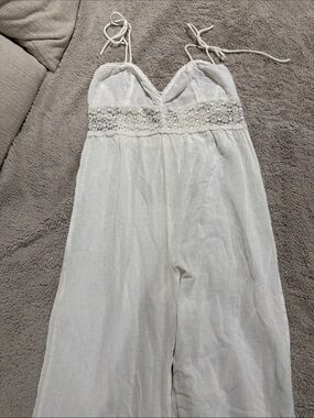BDG White Linen Crochet-Trim Wide-Leg Jumpsuit
